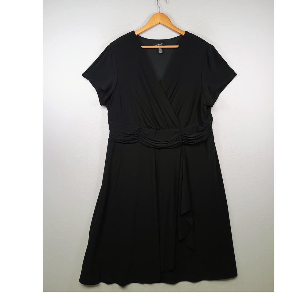 Cocktail Elegant R&M Richards Women 20W Black Ruched Faux Wrap Ruffle Dress